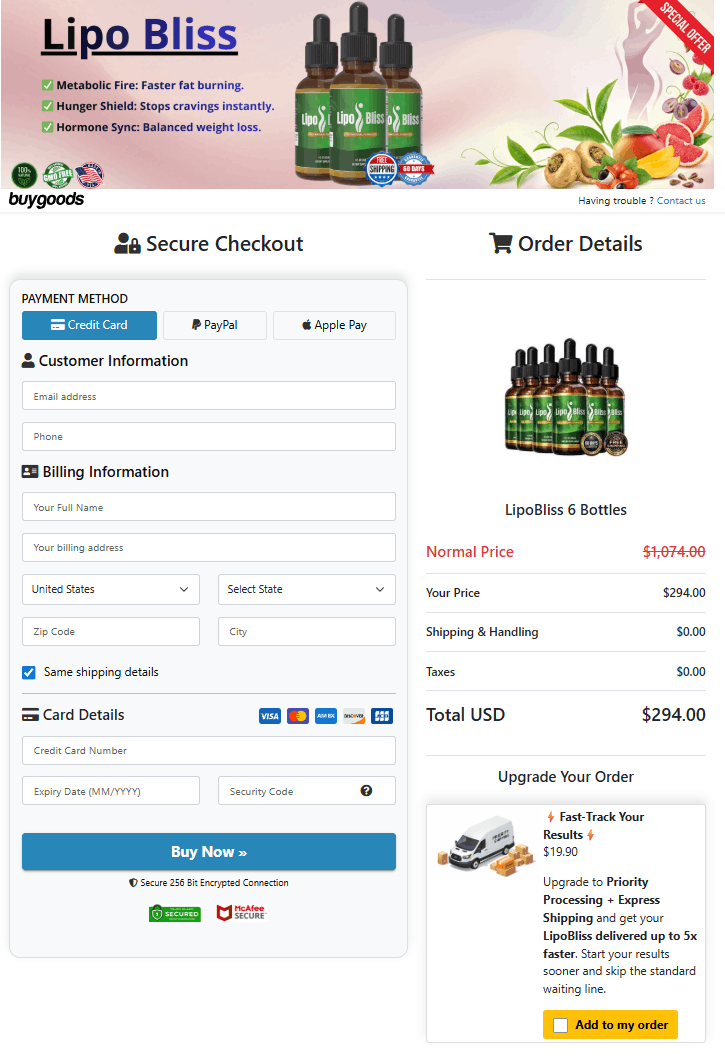 LipoBliss order page